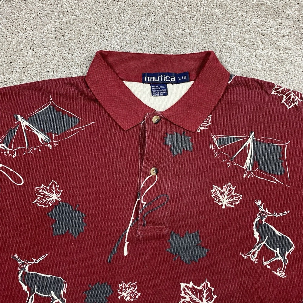 Nautica Mens Large Polo Shirt‎ Burgundy Red Camping Wildlife Deer Cotton AOP SS